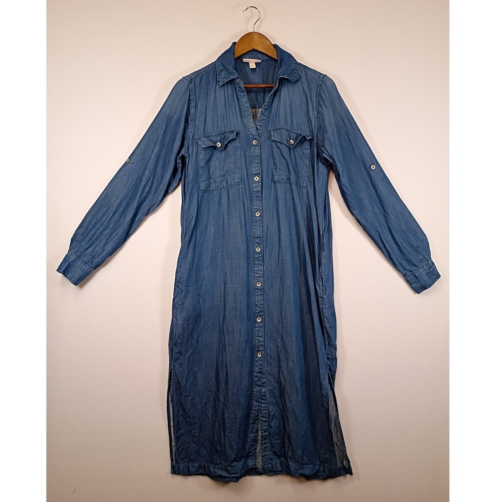 Boho Knox Rose Womens M Blue Lyocell Denim Look Roll Tab Sleeve Midi Shirt Dress